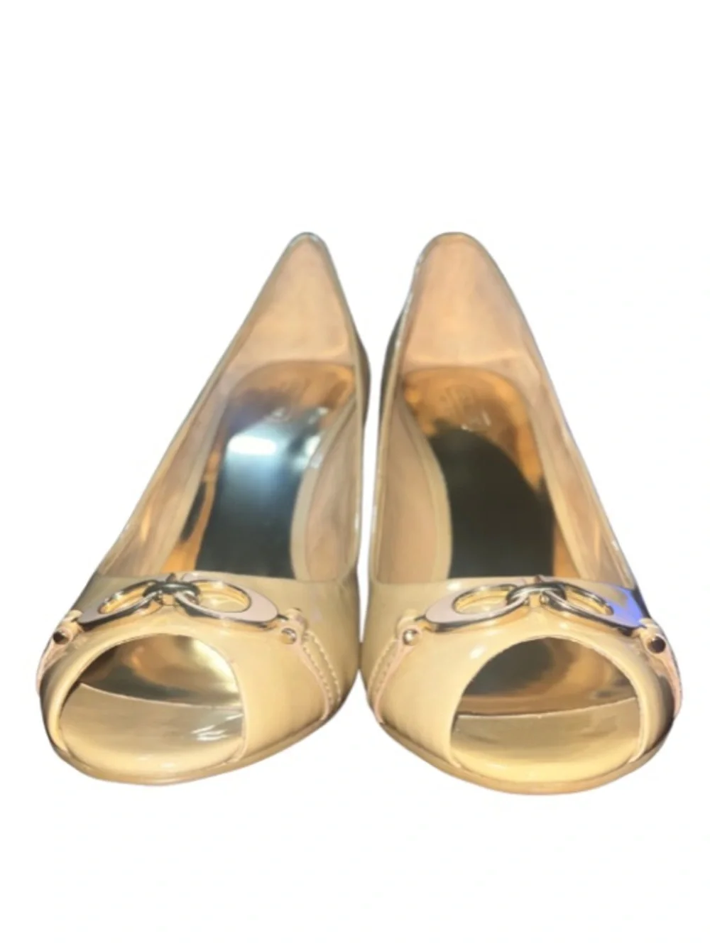 Coach Elora Patent Leather Peep Toe Wedge Heels - Tan Nude 11B LIKE NEW
